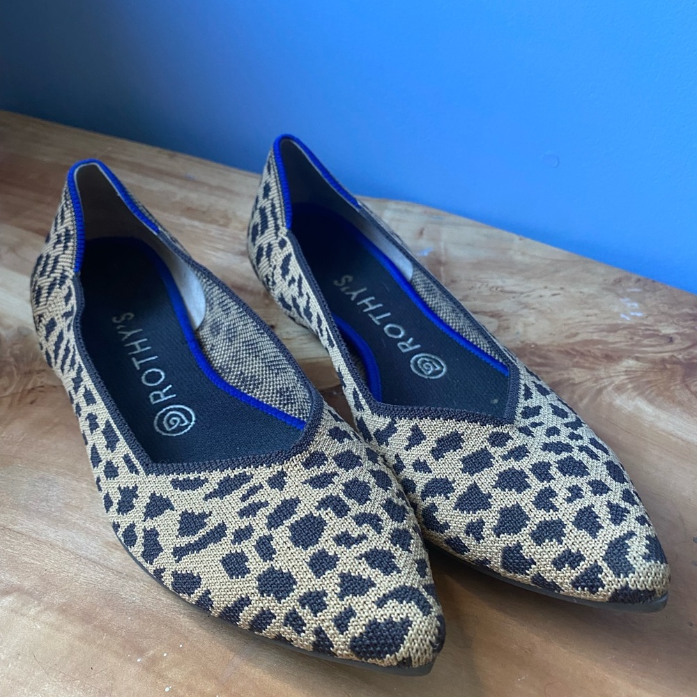 Rothy's Leopard Print Pointed Toe Flats with Blue Trim - Picture 2 of 4
